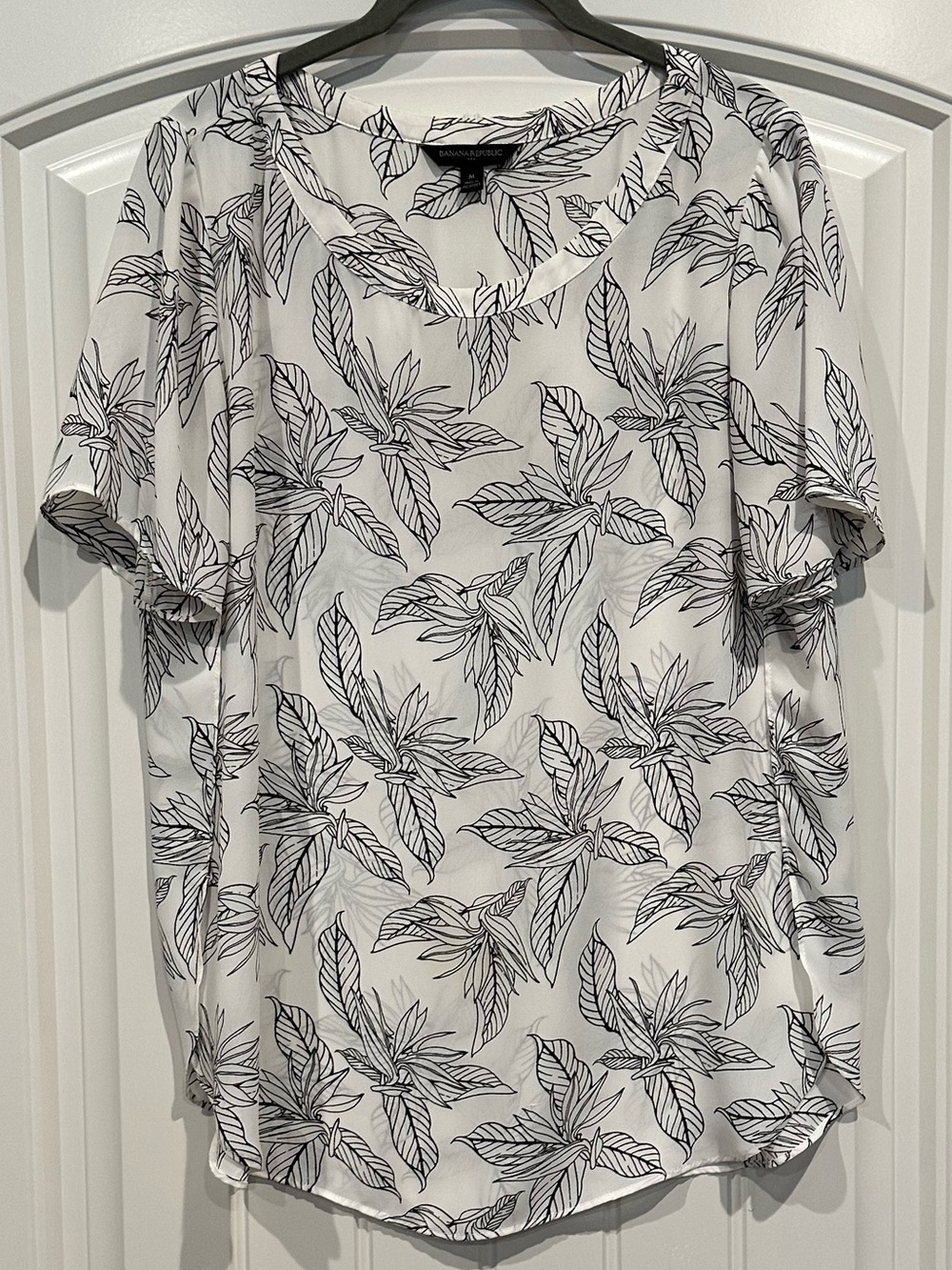 Banana Republic White Blouse with Black Leaf Print